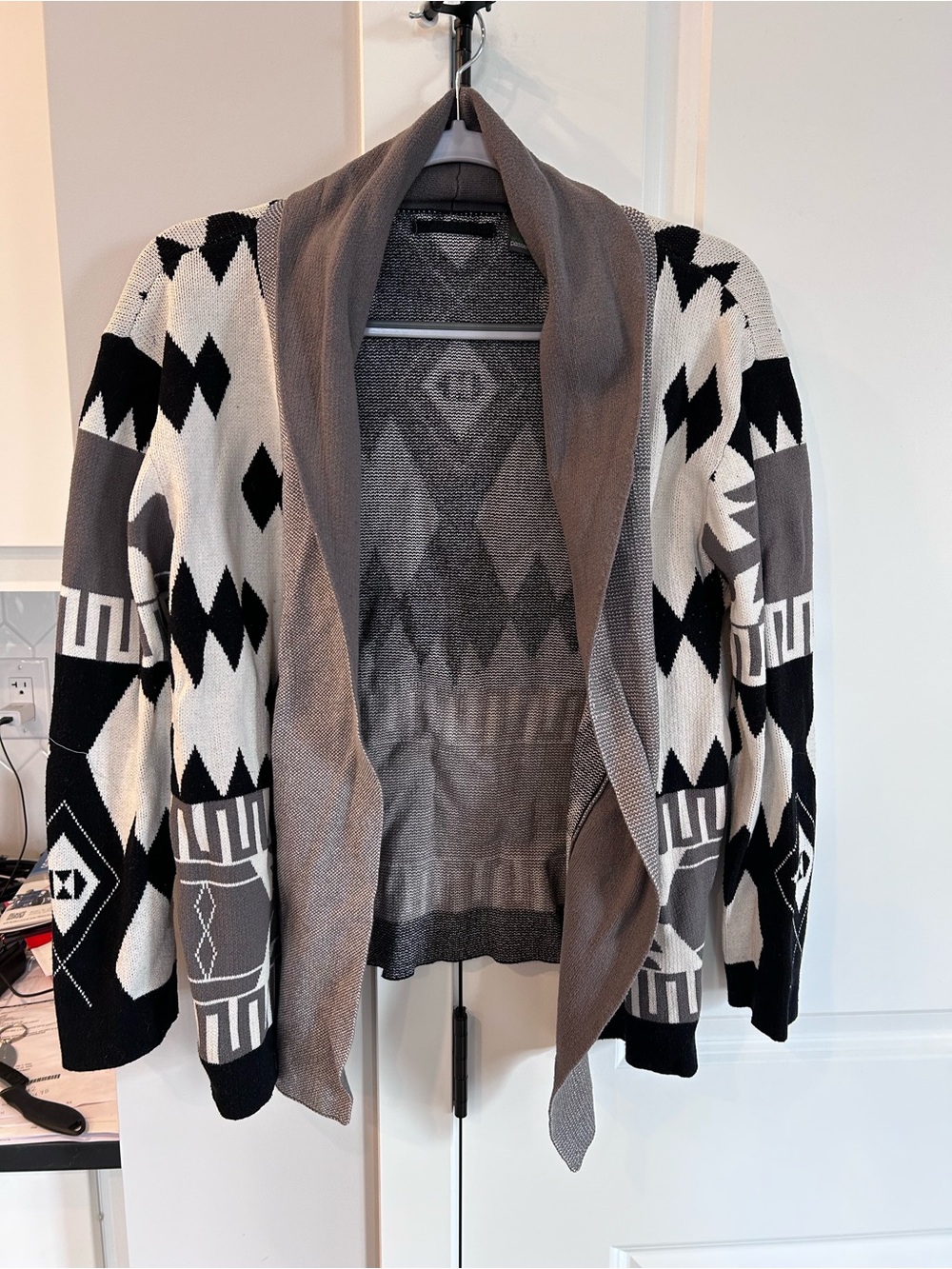 Shannon Passero Geometric Tribal Print Open Front Cardigan Shawl Collar Aztec